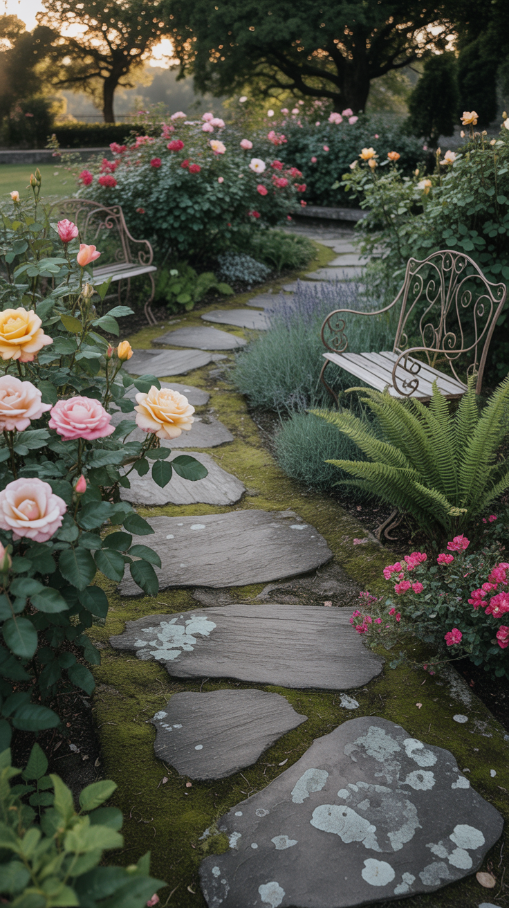 A photograph of a weathered stone pathway winding through a lush vintage garden. The pathway is composed of irregularly shaped grey rocks, covered in moss and lichen, serving as stepping stones. Rose bushes with vibrant pink and yellow blossoms line the path, while antique wrought iron benches sit nestled among ferns and lavender plants. Soft golden hour light filters through the trees, casting long shadows and creating a peaceful, timeless atmosphere.