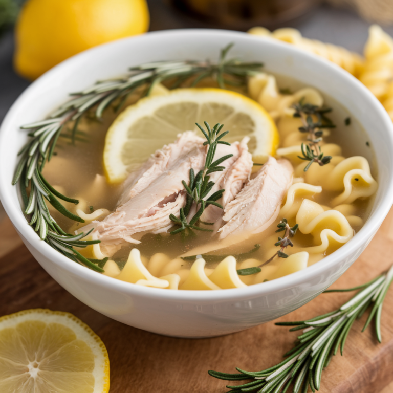 Lemon Chicken Soup with Rosemary, Thyme, and Pasta