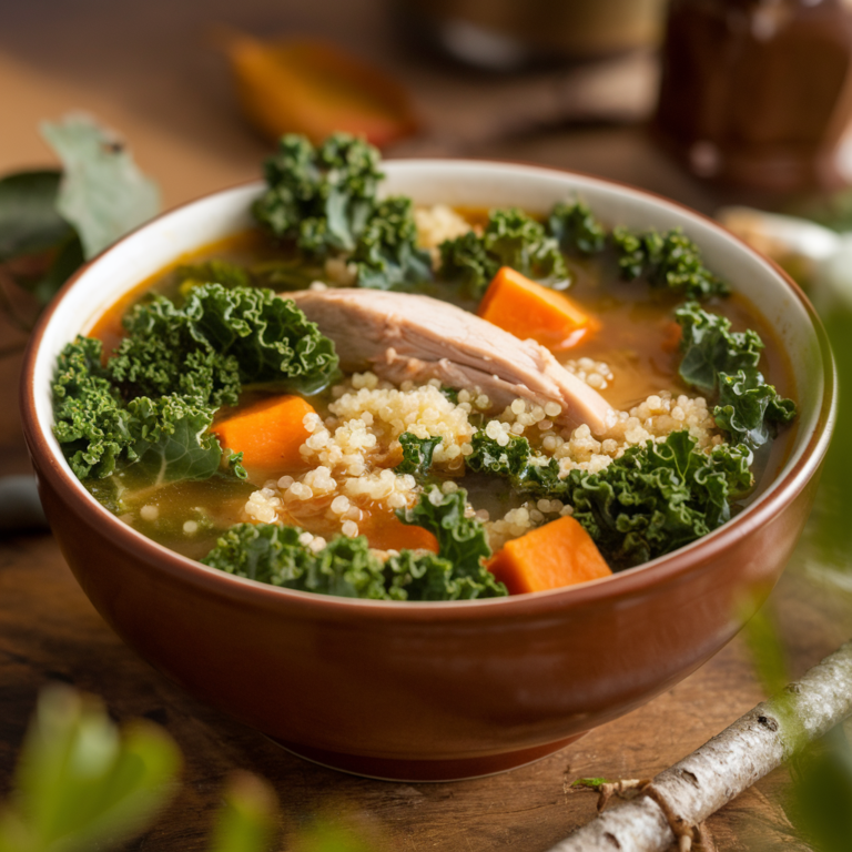 Hearty Vegetable Chicken Soup with Kale, Sweet Potatoes, and Quinoa