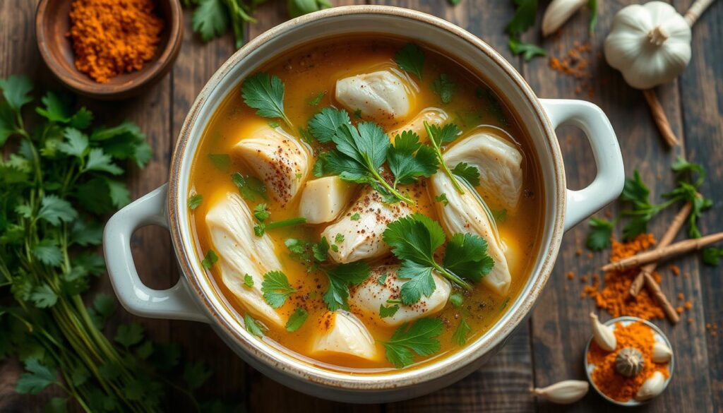 anti-inflammatory chicken soup with fresh herbs and spices