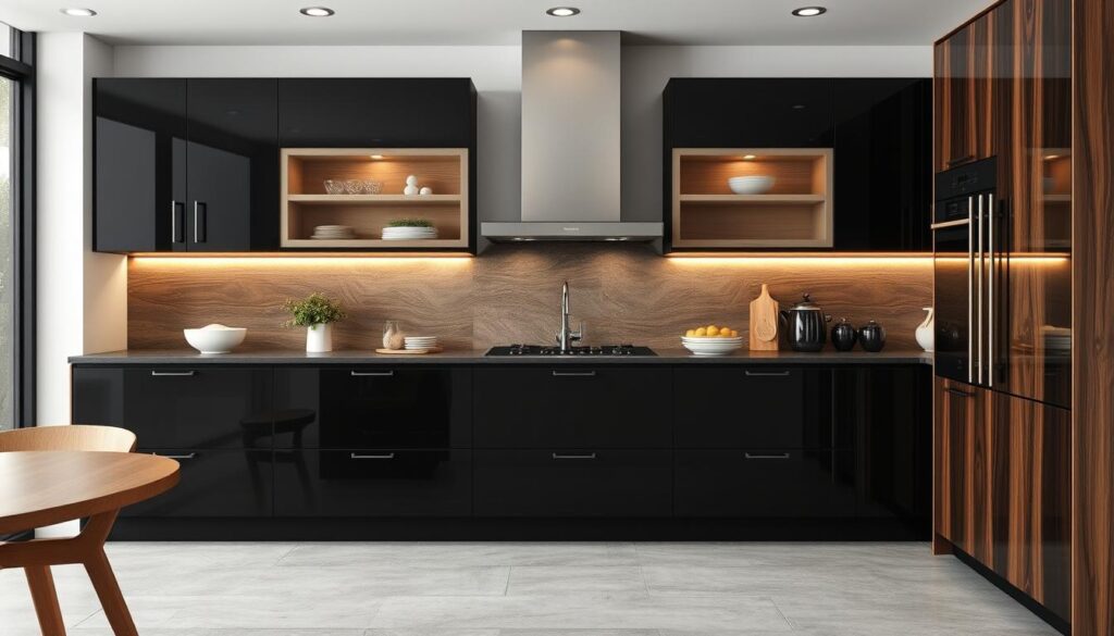 Black cabinets with wood elements