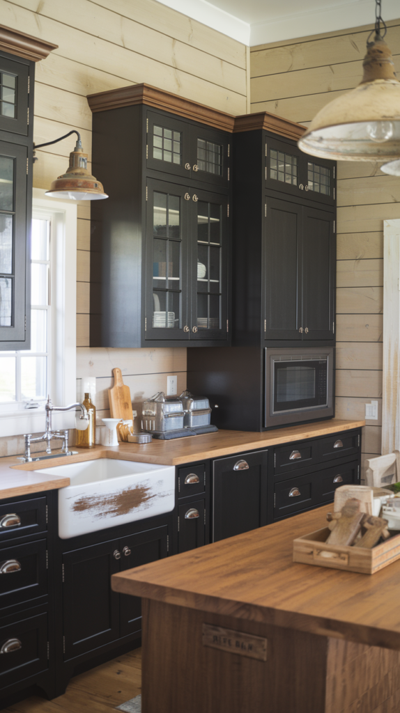 A photo of a kitchen with black shaker cabinets and a farmhouse design. The cabinets have a dark brown wood grain and feature vintage hardware. There is a farmhouse sink with a distressed finish. The walls are made of shiplap wood. There are pendant lights with a distressed finish hanging over the island. The floor is made of wood. The overall kitchen has a warm and inviting atmosphere.