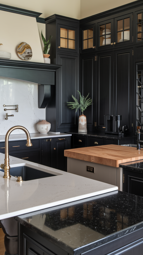 A photo of a kitchen with dark cabinetry, featuring multiple countertop pairings. There's a white marble countertop with a gold faucet, a gray stone countertop with a black faucet, a butcher block countertop with a stainless steel faucet, and a black granite countertop with a black faucet. The dark cabinetry has a few decorative items, such as a potted plant and a vase. The walls and backsplash are painted beige.