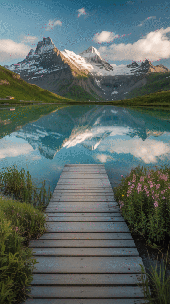 bachalpsee hike in the bernese oberland A photograph of the serene Bachalpsee lake nestled in the majestic Swiss Alps. The crystal-clear turquoise water reflects the towering snow-capped peaks of the surrounding mountains, creating a stunning symmetrical composition. A wooden boardwalk extends into the lake, leading towards a cluster of wildflowers blooming on the far shore. Soft, diffused sunlight illuminates the scene, casting a warm glow on the alpine landscape.