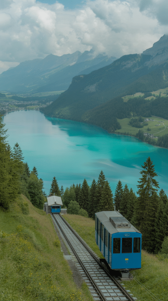 gelmerbahn funicular A photograph of the Gelmersee lake nestled high in the Swiss Alps, its waters a stunning turquoise hue. The lake is perfectly still, reflecting the surrounding snow-capped peaks and a bright blue sky with wispy clouds above. In the foreground, the red and white Gelmerbahn funicular ascends a steep, grassy slope, its cars visible as it climbs towards the summit. Soft, diffused sunlight bathes the entire scene, highlighting the clarity of the water and the majestic scale of the landscape.
