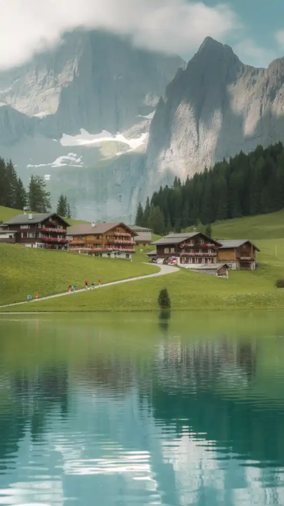 Melchsee-Frutt A photograph of the picturesque village of Melchsee-Frutt nestled high in the Swiss Alps, overlooking the serene turquoise waters of Lake Melchsee. The village consists of charming wooden chalets with flower-filled balconies, sitting amidst a lush green meadow that gently slopes down to the lake's edge. Towering snow-capped peaks frame the scene, reflecting beautifully on the glassy surface of the lake while a few hikers walk along a trail leading to the lake. The scene is bathed in soft, diffused sunlight, creating a peaceful and idyllic atmosphere.