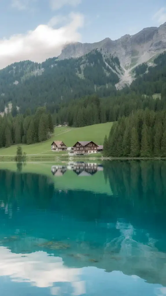 caumasee flims graubünden A photograph of the serene Caumasee lake nestled within the Swiss Alps, near Flims village. The lake's turquoise waters shimmer under the midday sun, reflecting the snow-capped peaks of surrounding mountains. A small wooden dock extends into the lake, with a lone kayak gently bobbing on the surface, and wildflowers bloom along the shoreline. The sky is a clear, crisp blue, and the scene is bathed in warm, natural light, creating a peaceful and inviting atmosphere.