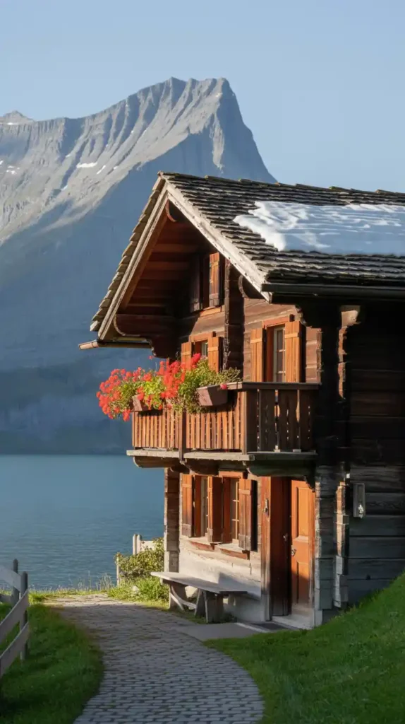 lake thun sigriswil A photograph of a quaint, traditional Swiss chalet nestled within the breathtaking Swiss Alps near Sigriswil. The chalet, constructed of weathered wood with a gently sloping roof adorned with snow, faces directly towards the serene expanse of Lake Thun and the majestic peak of Niesen Mountain. A small wooden balcony overflowing with vibrant red geraniums extends from the front, while a cobblestone path leads towards the chalet's entrance, all bathed in the golden light of the late afternoon sun. Soft, diffused lighting emphasizes the crisp mountain air and the picturesque beauty of the surrounding landscape.