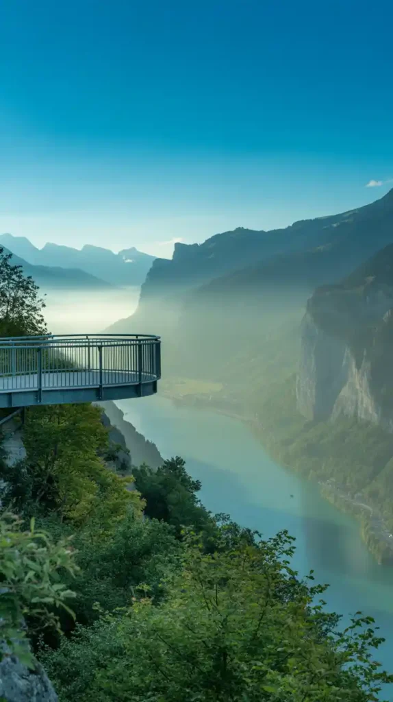 lake cauma flims A photograph of the "Il Spir Conn" viewing platform overlooking Lake Cauma and the Rhine Gorge in Graubünden. The platform juts out over a lush green hillside, providing a panoramic view of the turquoise lake below, framed by towering, rugged cliffs of the Rhine Gorge. A gentle mist hangs over the water, softening the sunlight that illuminates the scene. The sky is a clear, vibrant blue, suggesting a warm and sunny day in the Swiss Alps.