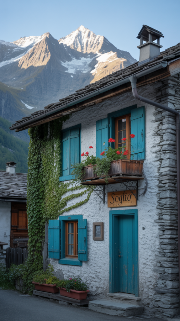 secluded alpine getaways in Switzerland A photograph of a quaint stone house nestled in the Soglio village, Bergell region of the Swiss Alps. The house features rustic wooden shutters painted a vibrant turquoise blue, with climbing ivy adorning its walls and a small balcony overflowing with geraniums. Towering snow-capped mountains form a dramatic backdrop, bathed in the golden light of the late afternoon sun, while "Soglio" is subtly etched into a wooden sign above the doorway. The scene evokes a sense of peaceful seclusion and timeless alpine charm.