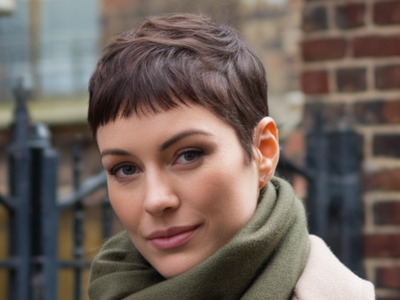 Person with a boyish crop haircut, styled in a fresh and chic way. The short hairstyle exudes effortless charm and pairs beautifully with a cozy scarf and a stylish coat, creating a trendy and comfortable look.