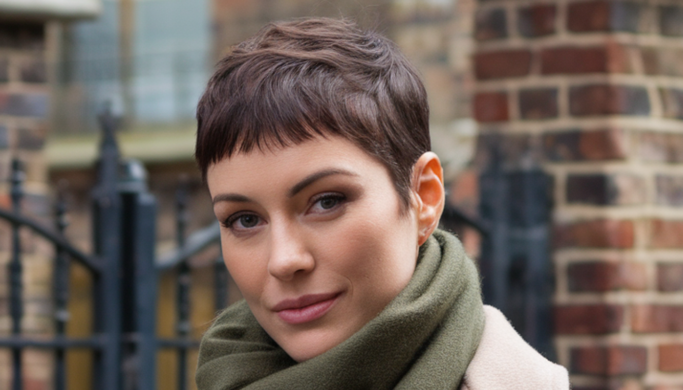 Person with a boyish crop haircut, styled in a fresh and chic way. The short hairstyle exudes effortless charm and pairs beautifully with a cozy scarf and a stylish coat, creating a trendy and comfortable look.