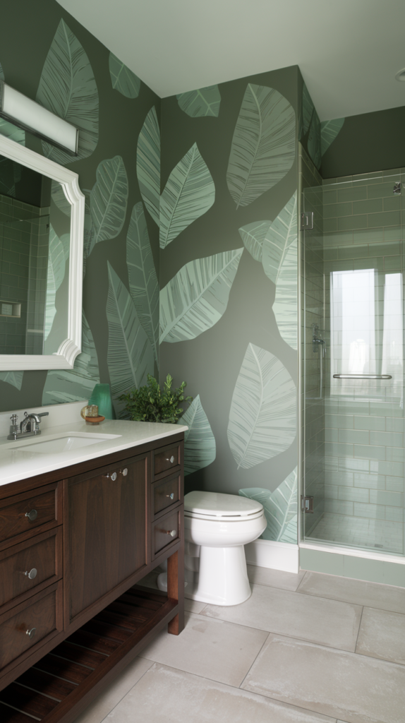 A bathroom with a modern design, painted in a nature-inspired shade of Evergreen Fog. The walls have a large, bold pattern of leaves in various shades of green. The floor is made of large, light grey tiles. The vanity is made of dark wood and has a white countertop. There is a white, rectangle mirror above the vanity. The shower has a glass door and is painted in the same Evergreen Fog color. There is a small potted plant near the vanity.