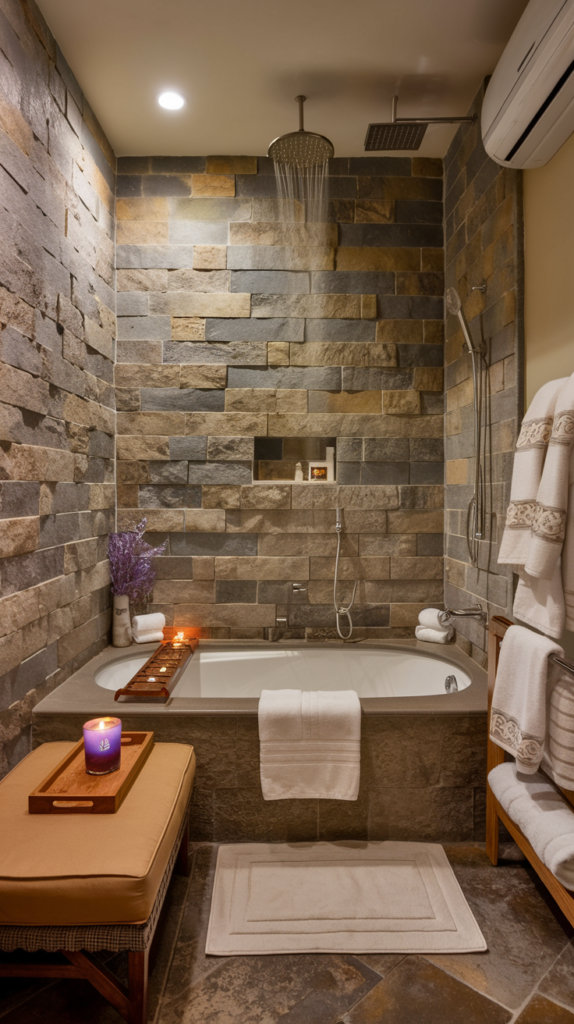 A bathroom with a spa-like retreat theme. There's a large bathtub with a rainfall showerhead. The walls are adorned with natural stone tiles. A small seating area with a cushioned bench is placed near the tub. There's a candle with a lavender scent on a wooden tray. A sound system is mounted on the wall. Soft towels, bath mats, and a robe are placed on a rack. The room has good air flow and the temperature is just right.