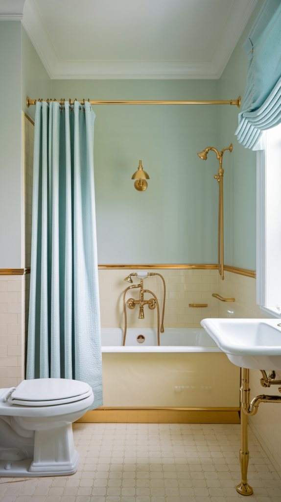 A bathroom with gold accents. The walls are painted a soft beige color, and the curtain is a light blue shade. The fixtures are gold, including the bathtub, sink, and showerhead. The floor is covered with beige tiles. There is a gold lamp on the wall above the bathtub. The window is covered with a light blue curtain. The room has a white toilet.