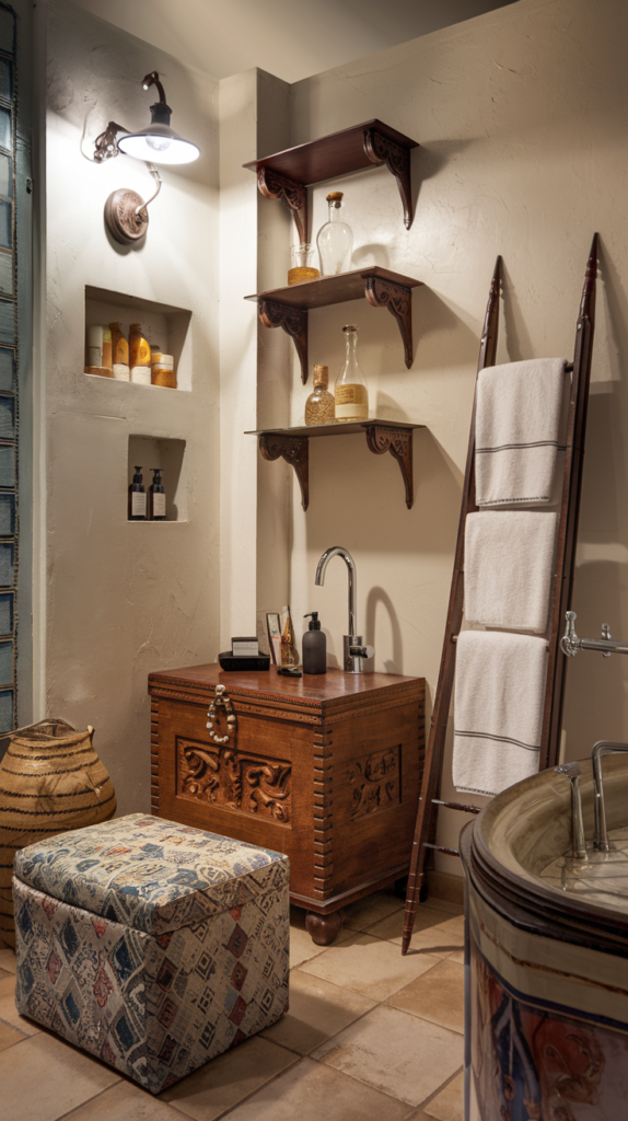 A bathroom with Ottoman-style storage. There is a wooden chest with carvings near the wall. There are also floating shelves with glass bottles and a decorative ladder holding towels. The room has a mix of old and new elements, with a modern faucet and a light fixture. The floor is tiled.