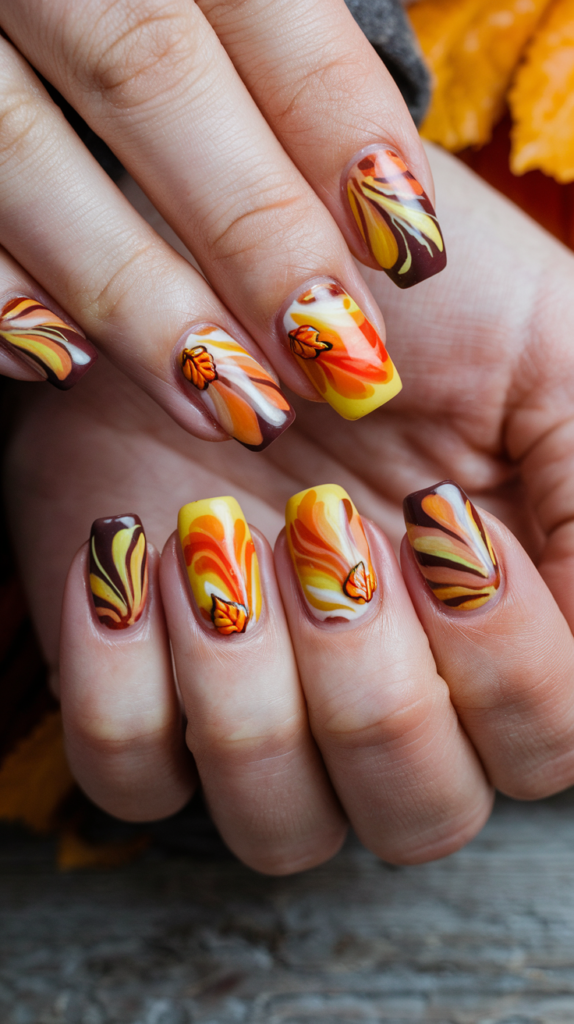 A close-up shot of a hand with pumpkin spice swirl nails. The nails have a gradient of orange, yellow, and brown, with a swirl pattern. There are also small leaves and pumpkins. The background is a rustic wooden surface.