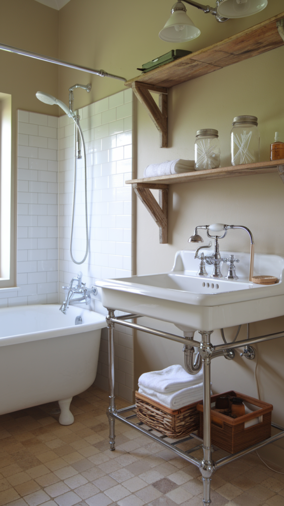 A farmhouse-style bathroom with a rustic charm. There is a white bathtub with a showerhead and a white sink with a vintage faucet. Above the sink, there is a wooden shelf with a few items, including a mason jar filled with cotton swabs. The floor is covered with beige tiles. The walls are painted in a beige hue. There is a window near the bathtub.