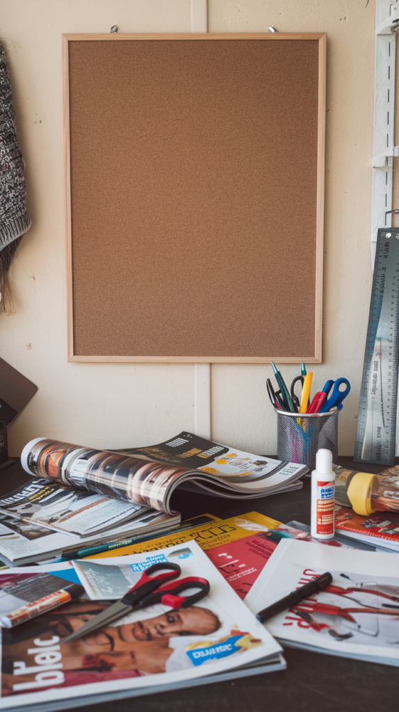 Supplies for creating a vision board spread across a table, including magazines, scissors, and a blank board ready to be filled.