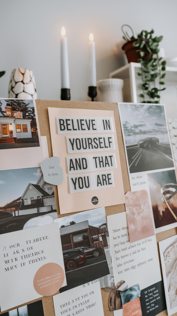 Close-up of a motivational quote on a vision board that reads, Believe in yourself and all that you are.