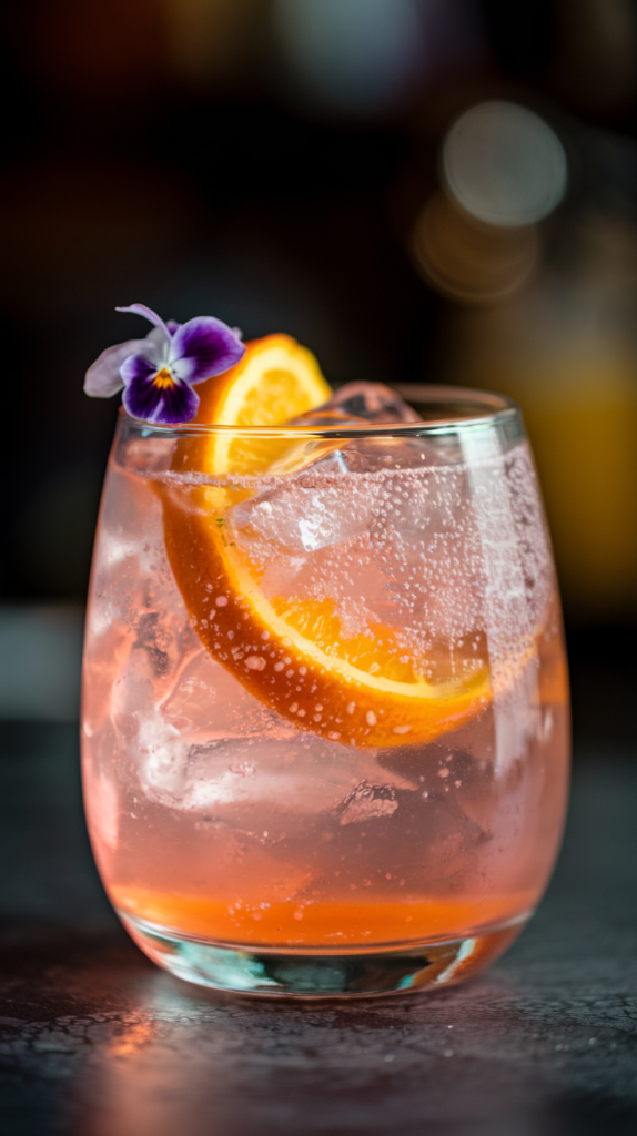 A photo of a cocktail glass filled with a pinkish-orange liquid. The drink is served over ice and is topped with sparkling water. There's an orange wheel and a purple flower garnish on the rim of the glass. The background is dark.