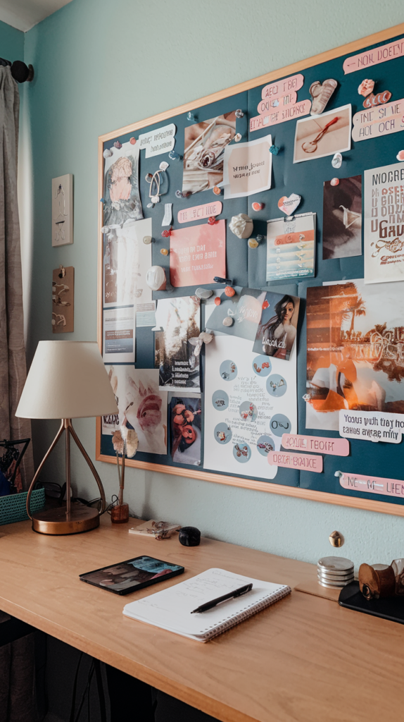 A desk with a vision board in the background, neatly arranged with goal-oriented pictures and affirmations.