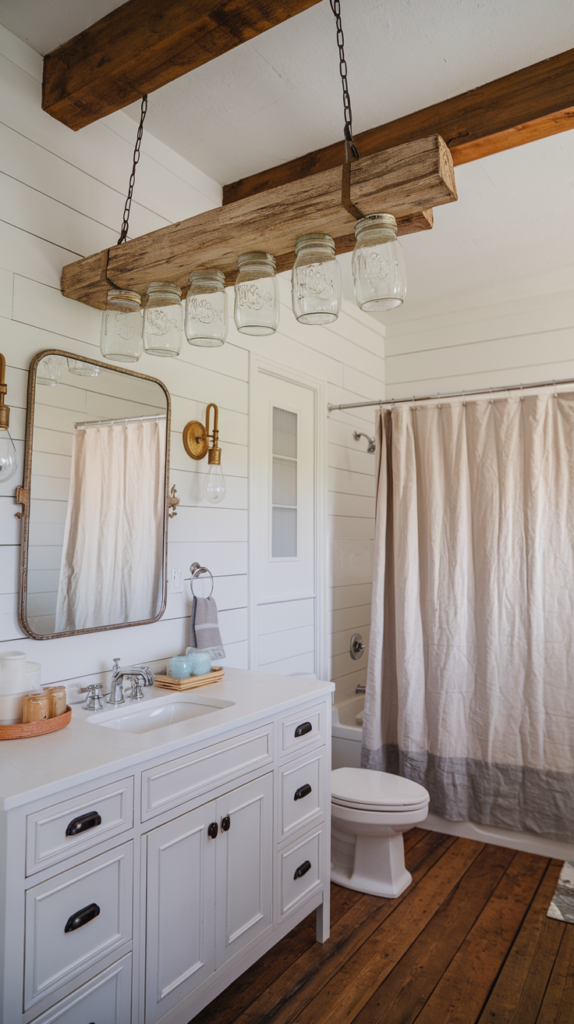 A photo of a farmhouse-style bathroom with a rustic light fixture made from mason jars hanging above the vanity. There are also vintage-style sconces on either side of the mirror. The room has a wooden beam across the ceiling and a shower curtain made of fabric. The floor is made of wooden planks. The walls are painted white.