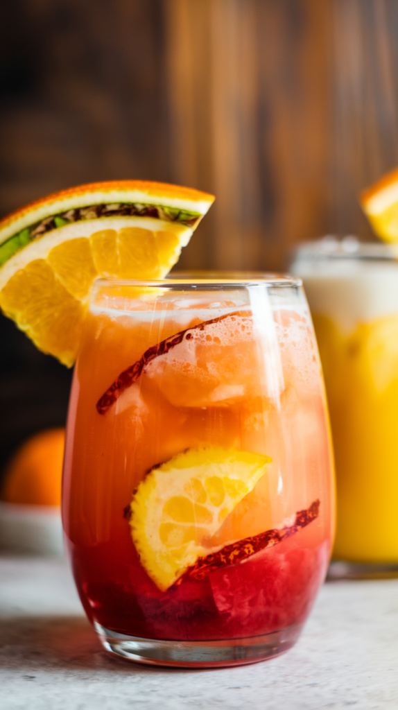 A photo of a glass filled with a tropical sunrise fizz mocktail. The glass contains orange and pineapple juices, grenadine, and club soda. The drink has a layered effect with the grenadine at the bottom. The drink is garnished with an orange slice. The background is a wooden surface.