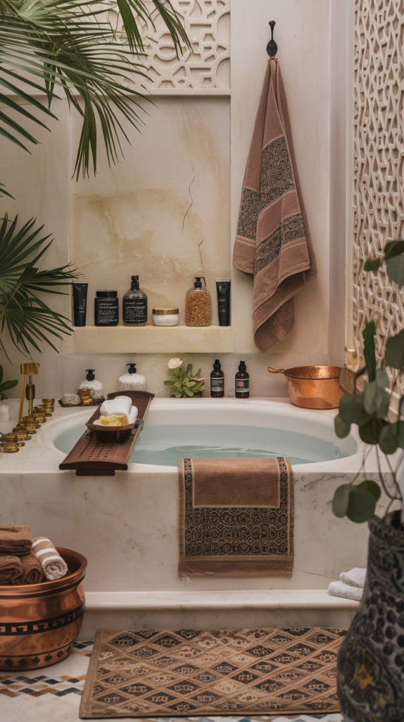 A photo of a luxurious hammam-inspired spa bathroom. There's a large, white bathtub filled with water. On the side of the tub, there's a copper bowl and a fancy soap dish. Above the tub, there's a hook for a Turkish towel. The floor is covered with a Turkish bath mat. On a shelf near the tub, there are jars containing bath oils, salts, and soaps. There's a Turkish-style bathrobe and a towel near the tub. The room has a few plants, including palms and eucalyptus. The walls are adorned with intricate patterns.