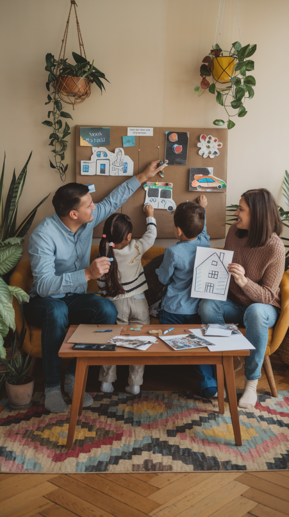 A small group or family working on vision boards together for mutual accountability and inspiration.