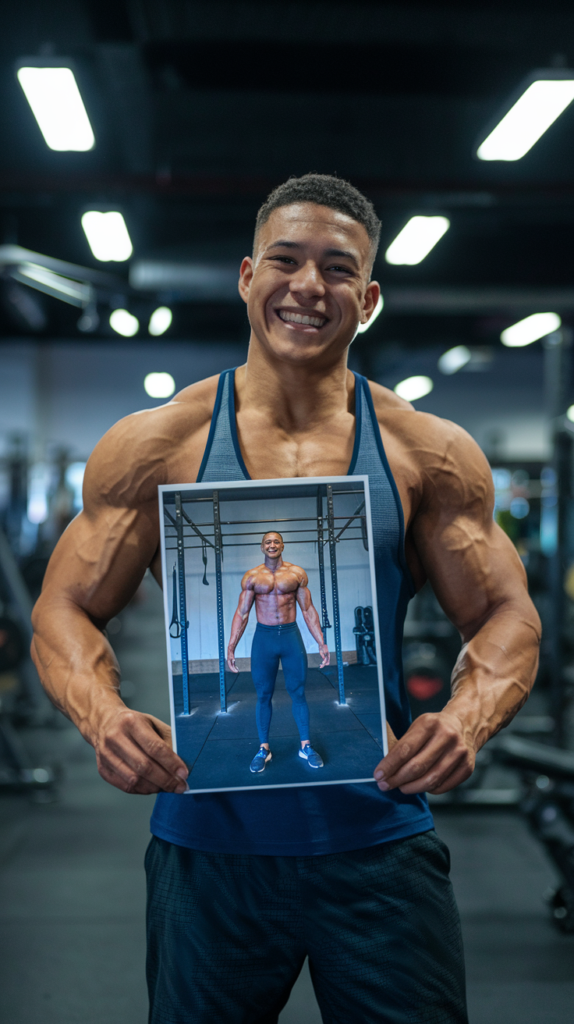 A smiling individual holding a photo of themselves in a setting that aligns with their 2025 goals, such as a fitness milestone or professional achievement.