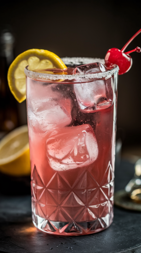 A photo of a sophisticated cocktail glass filled with a pinkish-red liquid. The liquid has a few ice cubes and is topped with sparkling water. There's a lemon wedge and a cherry on the rim of the glass. The background is dark.