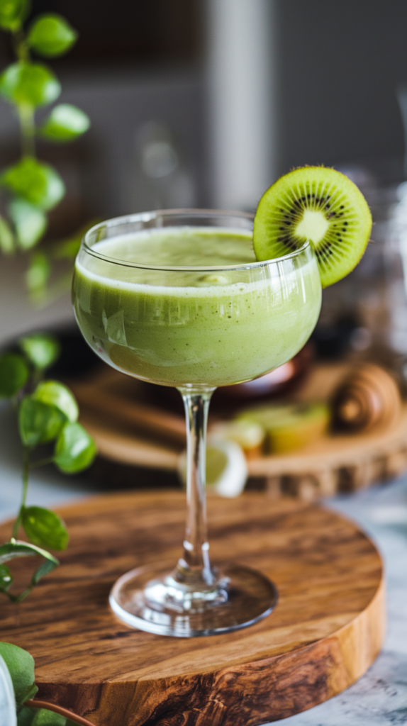 A photo of a sophisticated cocktail glass filled with a smoothie. The smoothie is a vibrant green colour and is made of fresh kiwi puree, coconut water, lime juice, and honey. The glass is placed on a wooden board. There is a slice of kiwi on the rim of the glass. The background is blurred, showing a green plant and a few other items on the board.