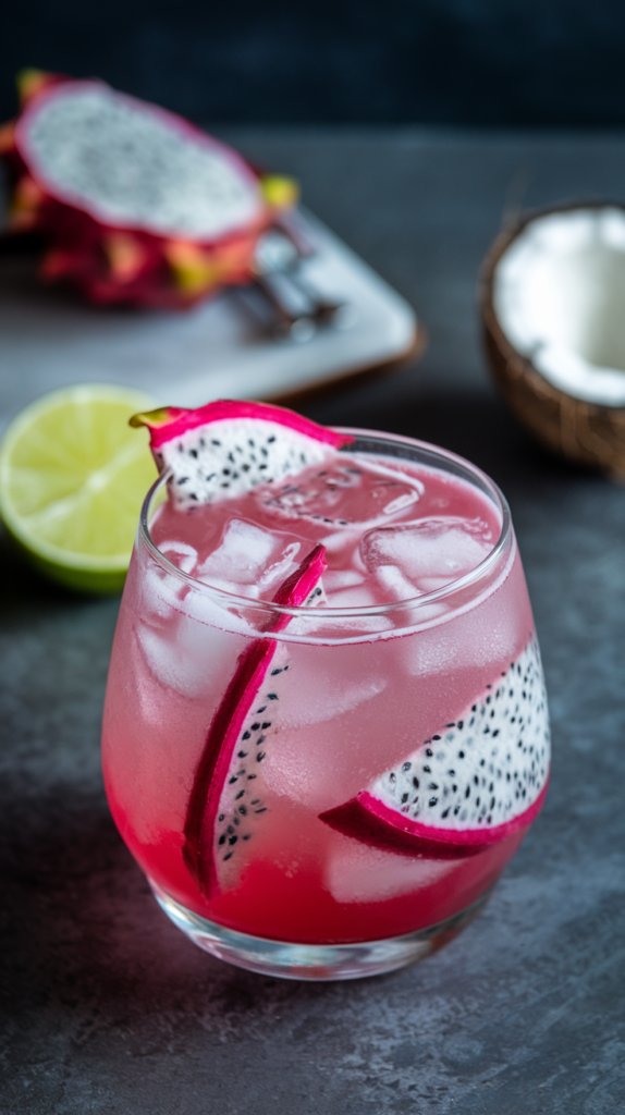 A photo of a sophisticated cocktail glass filled with a vibrant pink drink. The drink contains a 1/2 cup dragon fruit puree, 1 tbsp lime juice, and 1/2 cup coconut water. The cocktail is served over ice and topped with soda water. The glass is garnished with dragon fruit slices. The background is a dark surface.