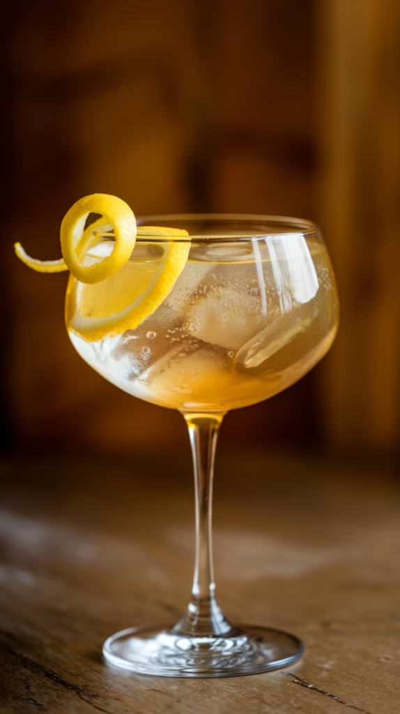 A photo of a sophisticated cocktail glass filled with a golden liquid. The cocktail is made with 1/2 cup lemon juice and 1 tbsp ginger syrup. The cocktail is mixed with soda water, poured over ice, and garnished with a lemon twist. The background is a wooden surface.