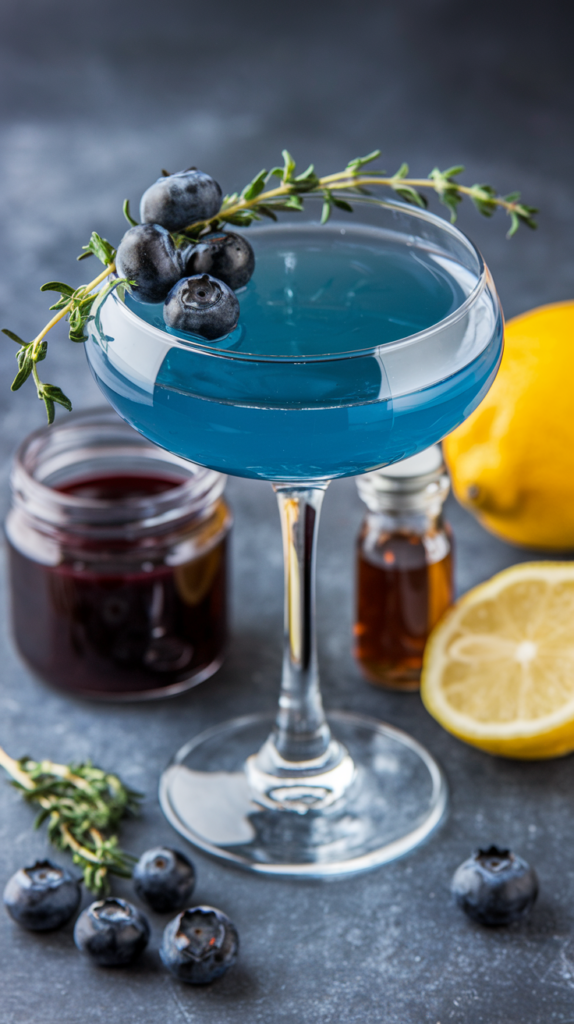 A photo of a sophisticated cocktail glass filled with a blue liquid. There are fresh blueberries and a thyme sprig garnishing the glass. Next to the glass, there is a small jar of blueberry puree, a small bottle of thyme syrup, and a lemon.