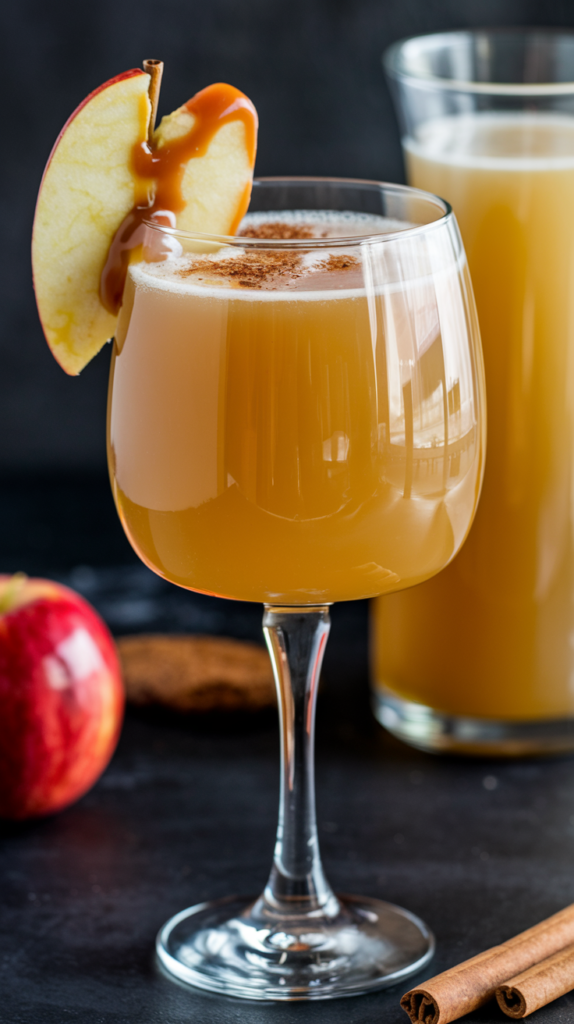 A photo of a sophisticated cocktail glass filled with a drink. The drink is a mix of apple juice, caramel syrup, cinnamon, and sparkling water. There's a caramel-dipped apple slice garnishing the drink. The background is dark.