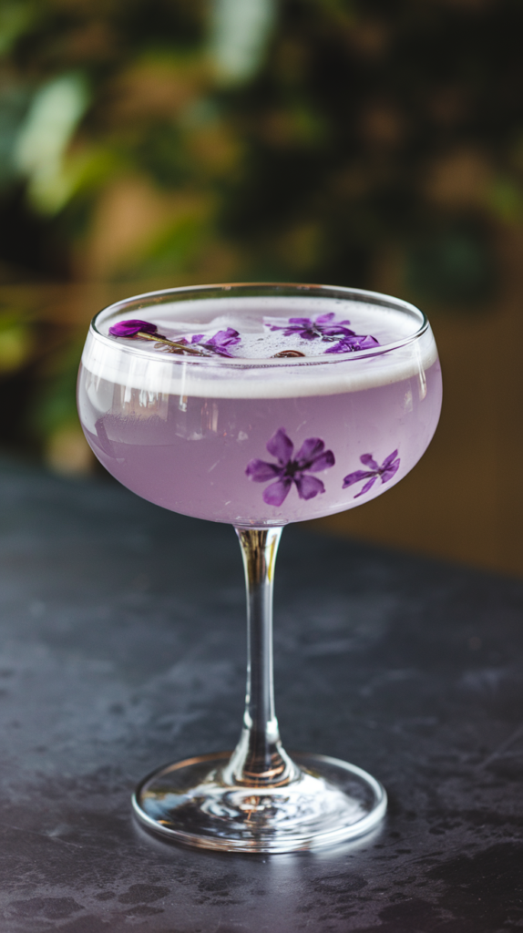 A photo of a sophisticated cocktail glass filled with a mixed drink. The drink is a light purple color and has a small amount of foam on top. There are purple flowers floating in the drink. The glass is placed on a dark surface. The background is blurred and contains greenery.