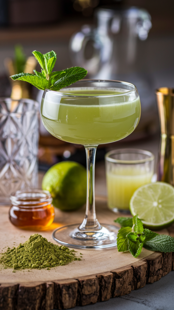 A photo of a sophisticated cocktail glass filled with a green liquid. The glass is placed on a wooden board. There are matcha powder, mint leaves, lime juice, and honey placed beside the glass. A sprig of mint is placed on the rim of the glass. The background is blurred and contains other cocktail glasses and ingredients.