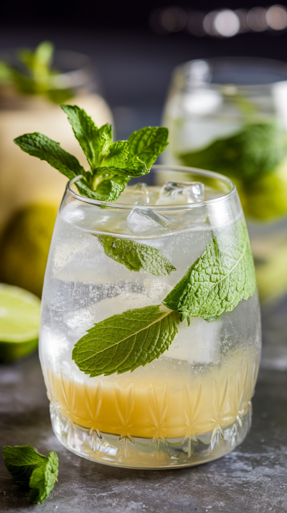 A photo of a sophisticated cocktail glass filled with 1 cup of honeydew melon puree, 6 fresh mint leaves, and 1 tbsp of lime juice. The glass is topped with sparkling water. The cocktail is served over ice.