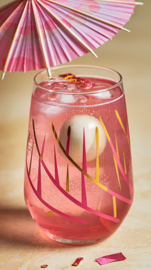 A photo of a sophisticated cocktail glass filled with a pink, bubbly liquid. There's a whole lychee fruit floating in the drink, and a few ice cubes are visible beneath the fruit. The glass has a pattern of swirling pink and gold lines. There's a pink paper umbrella resting on the rim of the glass, and a few pink and gold confetti-like decorations are floating in the drink. The background is a beige surface.