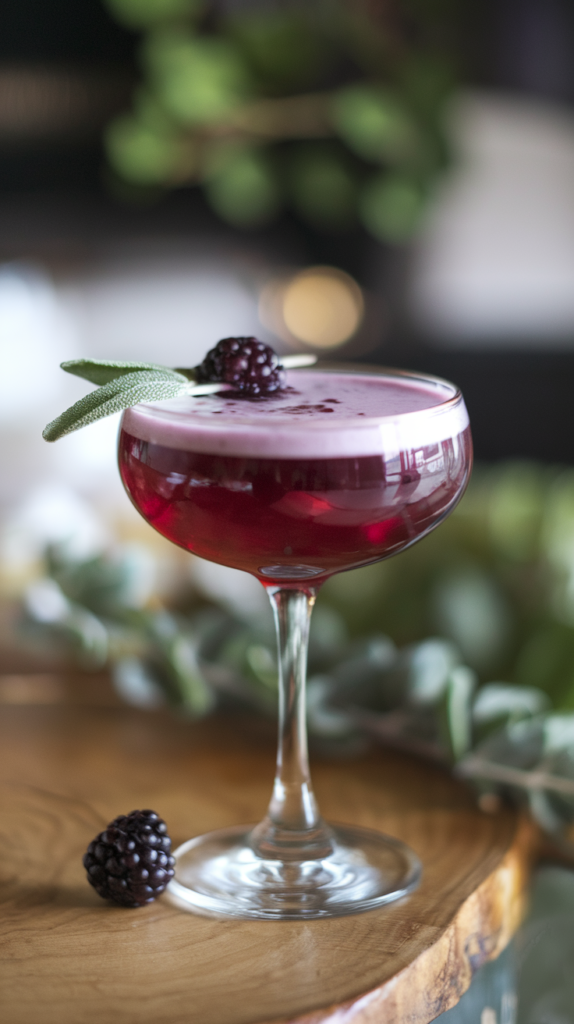 A photo of a sophisticated cocktail glass with a blackberry and sage garnish. The cocktail has a deep purple color and a foam on top. The glass is placed on a wooden surface. There is a blackberry and a sage leaf next to the glass. The background is blurred and contains greenery and a white object.