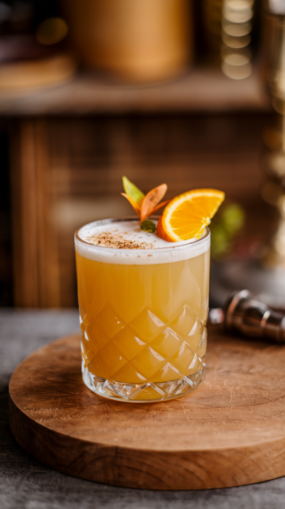 A photo of a sophisticated cocktail in a glass with orange juice and ginger beer. The cocktail is garnished with a pinch of nutmeg and a slice of orange. The glass is placed on a wooden board. The background is blurred, showing a rustic setting with wooden elements.