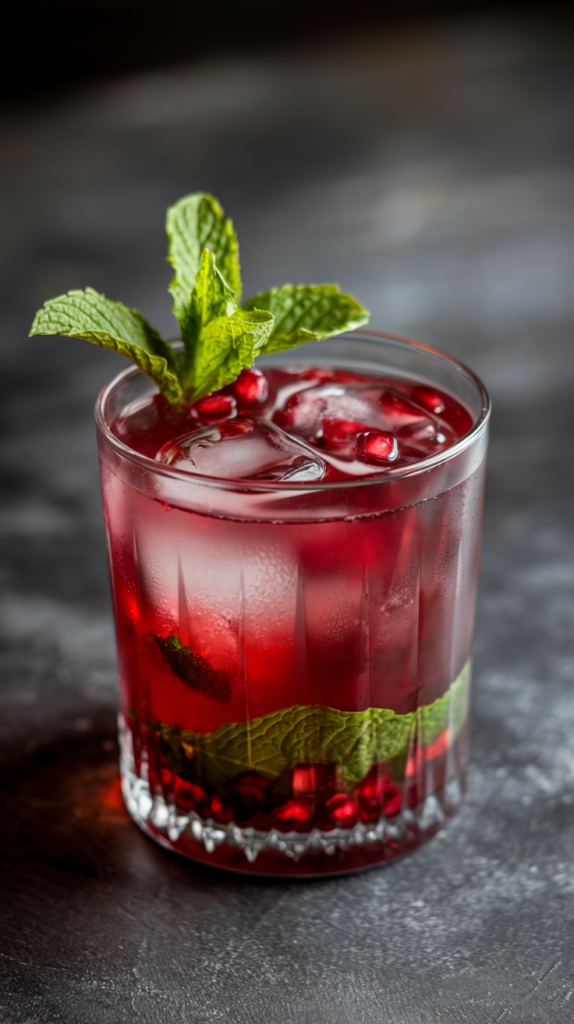 A photo of a sophisticated cocktail with a hazy appearance. The glass is filled with a deep red liquid and a few ice cubes. At the bottom of the glass, there are green mint leaves and red pomegranate seeds. The cocktail is garnished with a mint leaf on top. The background is a dark surface.