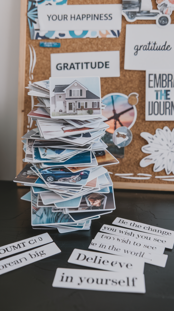 A stack of cut-out images and phrases ready to be added to a 2025 vision board.