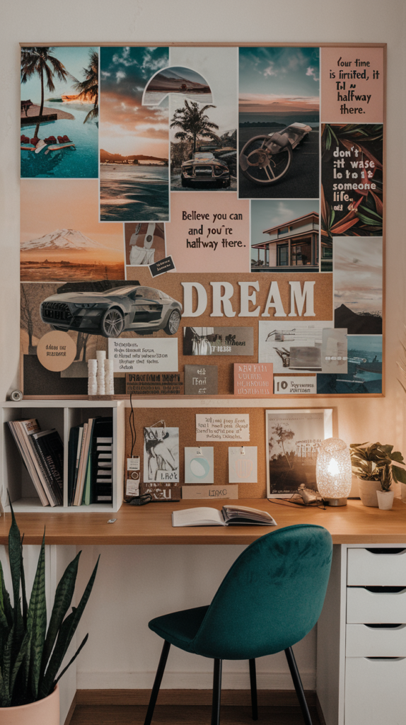 A vision board displayed above a home workspace for daily inspiration.