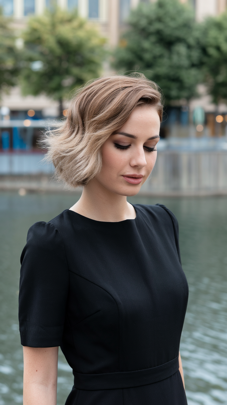 Person with short hair styled in soft waves, showcasing natural texture and a playful yet elegant vibe. The effortless waves create a stunning look, perfect for casual outings, beach days, or social gatherings.