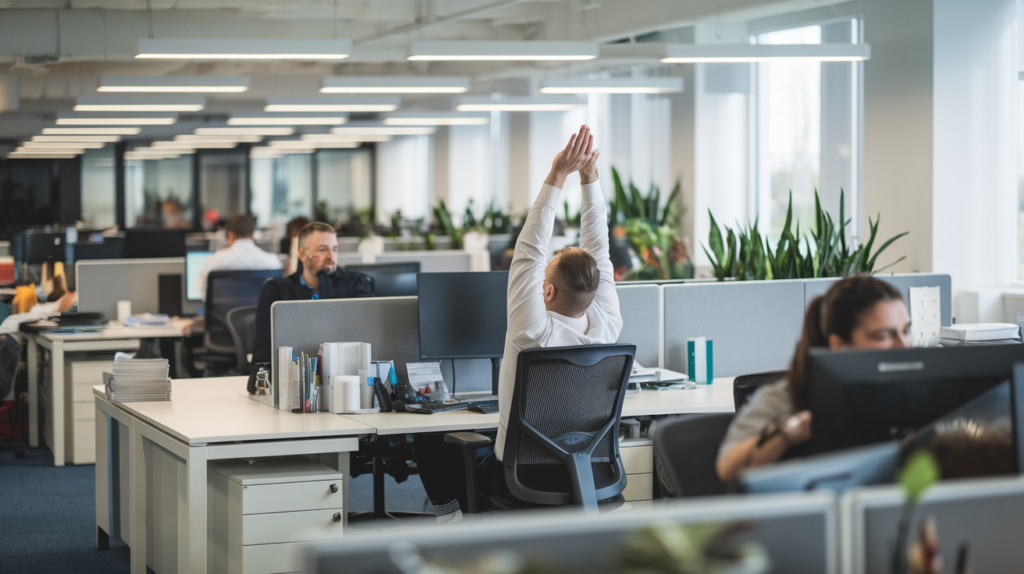 An office environment with multiple workstations. There are several employees, with one prominently stretching at a desk. The office is well-lit with natural light coming in from large windows. The desks are equipped with computers, chairs, and various office supplies. The color palette of the room is dominated by whites, grays, and greens from the plants. The overall ambiance seems relaxed and focused.