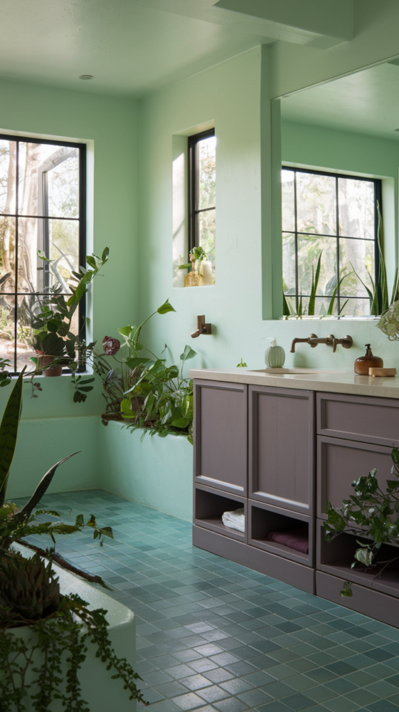 A serene bathroom with nature-inspired colors. The walls are painted in a soft seafoam green. The floor tiles are in a contrasting robin's-egg blue. The vanity is made of wood and has a mauve hue. The fixtures are in bronze. There are plants in the bathroom, adding to the organic feel. The room has large windows, allowing natural light to fill the space.