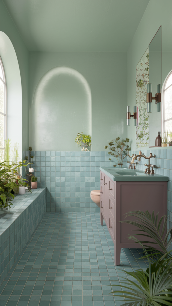 A serene bathroom with nature-inspired colors. The walls are painted in a soft seafoam green. The floor tiles are in a contrasting robin's-egg blue. The vanity is made of wood and has a mauve hue. The fixtures are in bronze. There are plants in the bathroom, adding to the organic feel. The room has large windows, allowing natural light to fill the space.